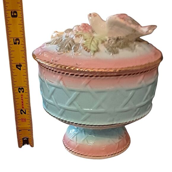 Majolica 3D Candy Dish Birds Floral Handpainted Porcelain Betson Colorful Shabby - Picture 2 of 16